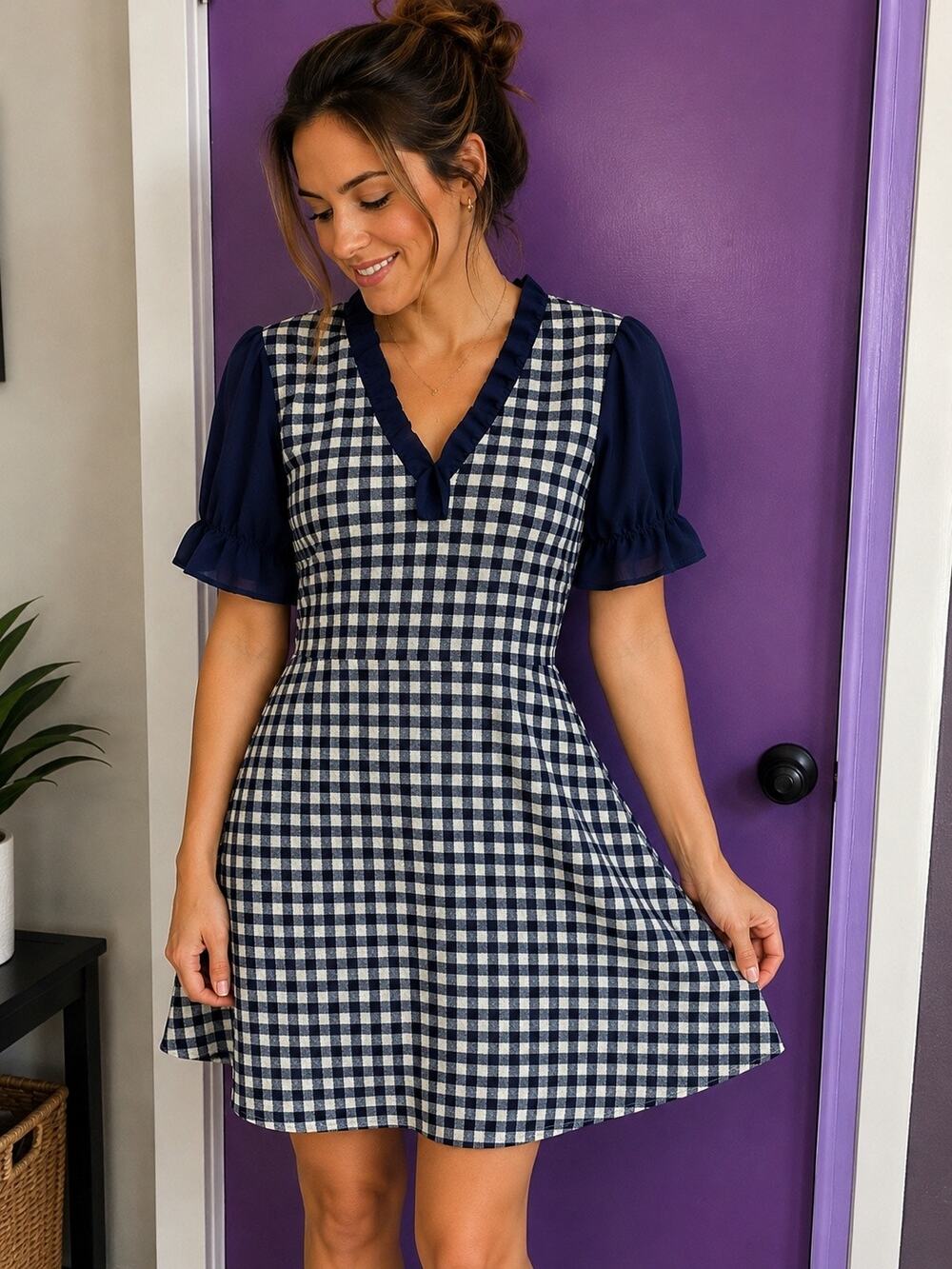 NWT Smak Parlour Navy Gingham Fit & Flare Dress Ruffle V-Neck Puff Sleeve Size L